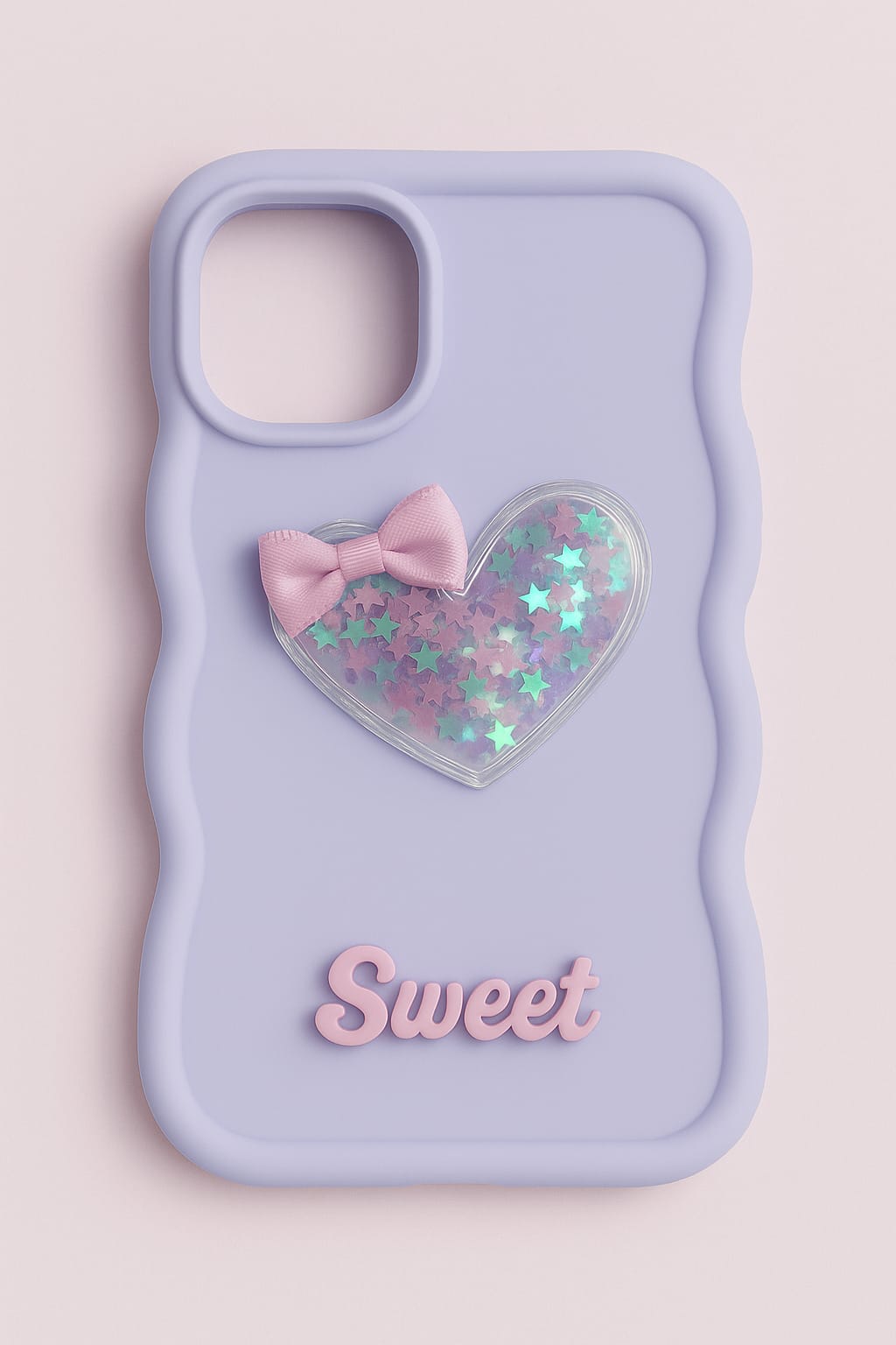 Lavender "Sweet Heart" 3D Star Glitter Case with Pink Bow – Soft Silicone Back Cover