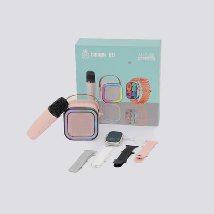 CROWN K11 SMART WATCH 4 STRAPS | KARAOKE BLUETOOTH SPEAKER & MIC