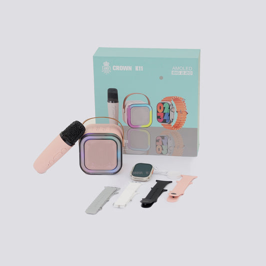 CROWN K11 SMART WATCH 4 STRAPS | KARAOKE BLUETOOTH SPEAKER & MIC