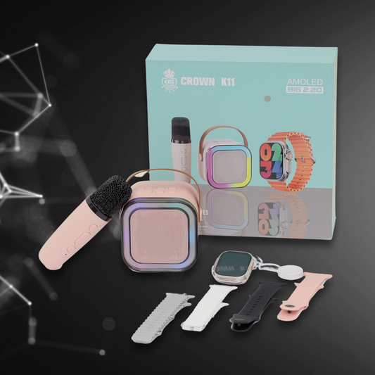 CROWN K11 SMART WATCH 4 STRAPS | KARAOKE BLUETOOTH SPEAKER & MIC