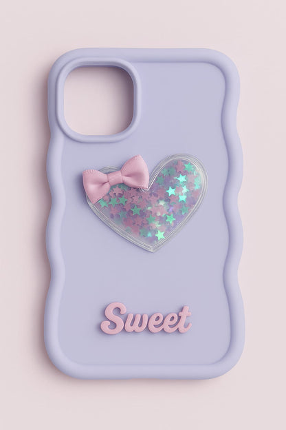 Lavender "Sweet Heart" 3D Star Glitter Case with Pink Bow – Soft Silicone Back Cover
