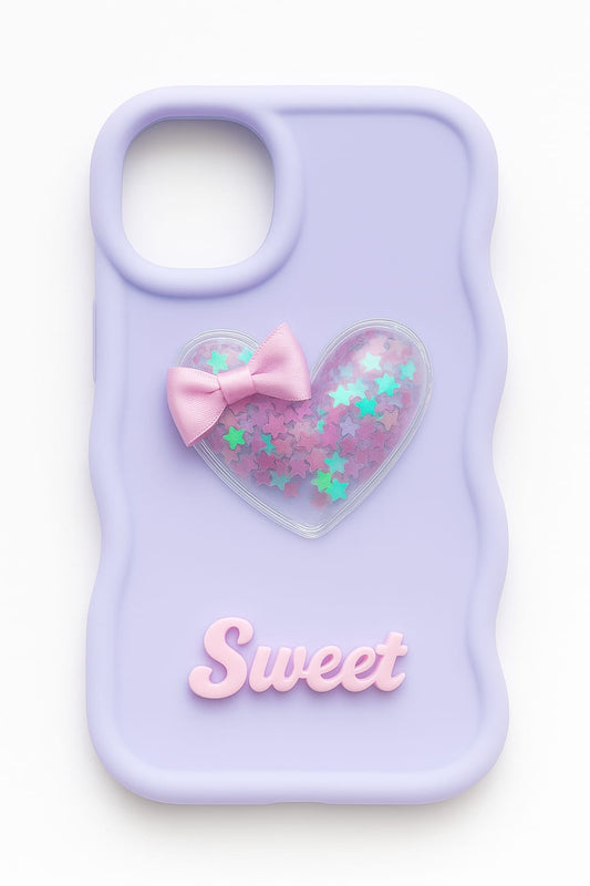 Lavender "Sweet Heart" 3D Star Glitter Case with Pink Bow – Soft Silicone Back Cover